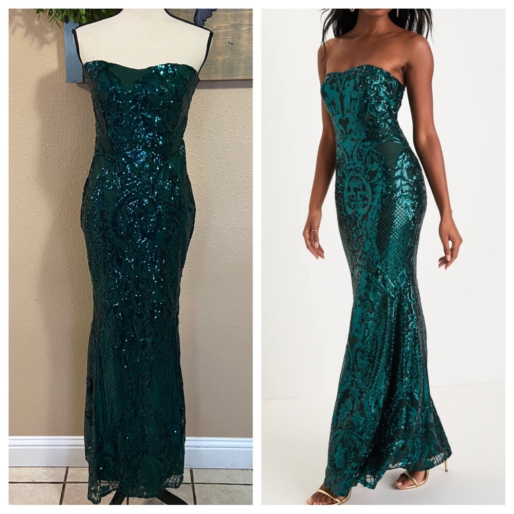 NWOT Lulus Radiant Persona Emerald Green Sequin Strapless Maxi Dress